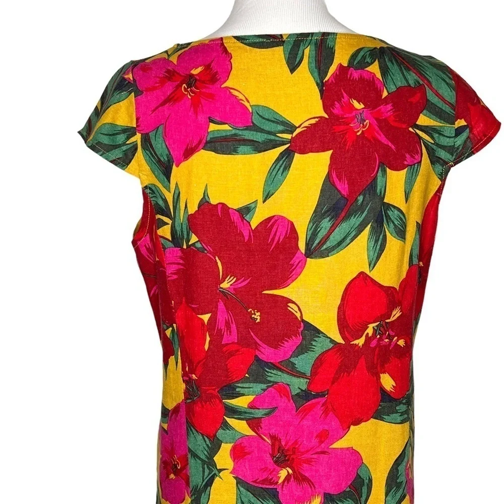 For Cynthia Womens Linen Dress Size Petite Large Hawaiian Tropical Floral Print